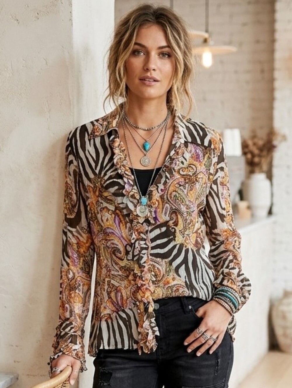 Boho☮Y2K Paisley & Zebra Print Ruffle Blouse — Black/Tan Mix Full Button-up Sz L